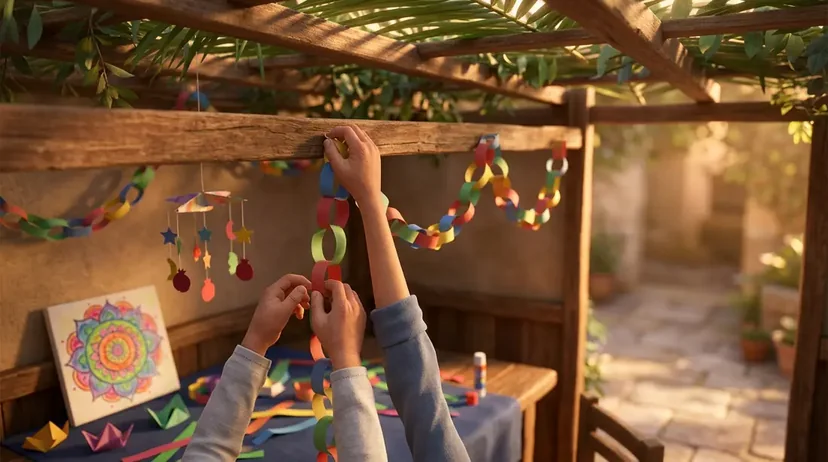 ידיים תולות שרשרת נייר בסוכה לצד קנבס מנדלה ואוריגמי