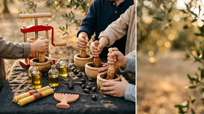 ידיים כותשות זיתים במכתשי עץ בסדנת שמן זית